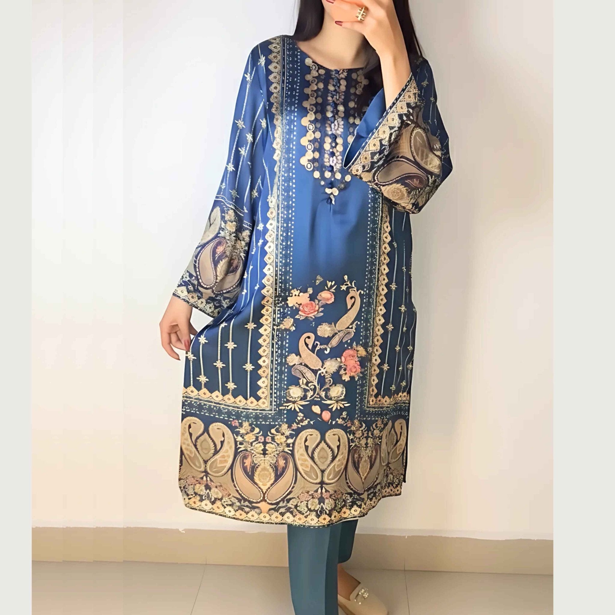 2 PC | Shamooz Silk Printed Suit - Bellissimo Outfit