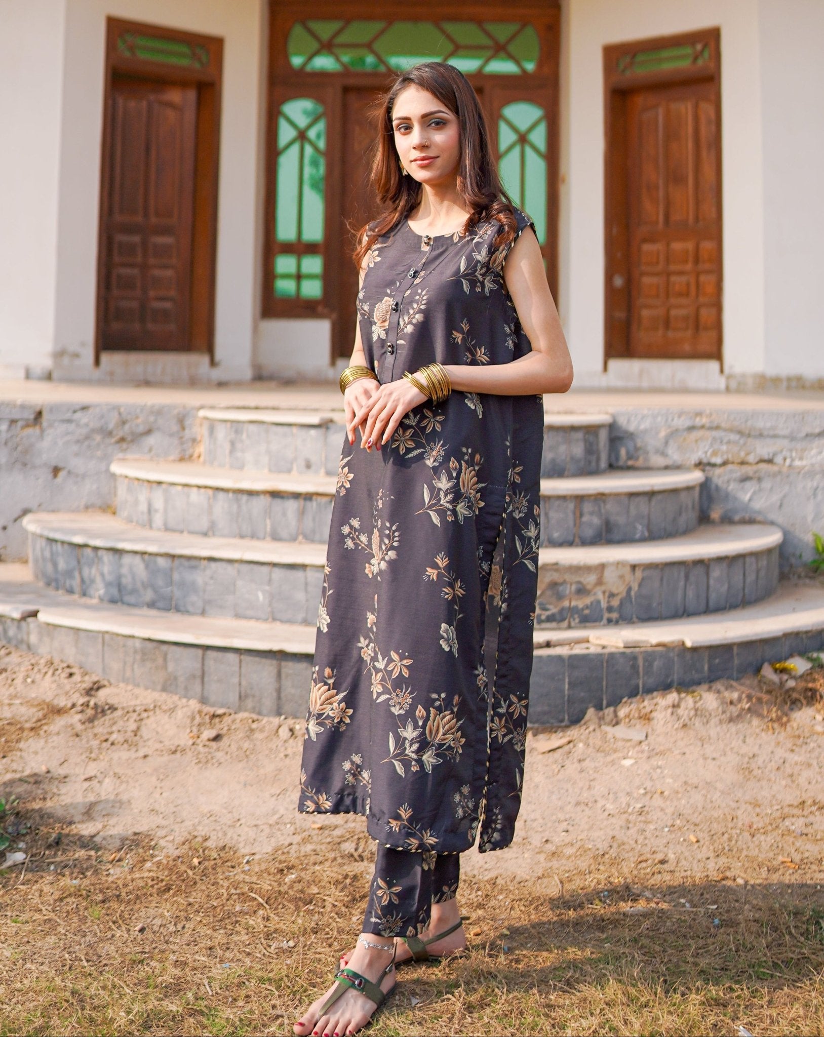 3 PC | Printed Raw Silk Suit - Bellissimo Outfit